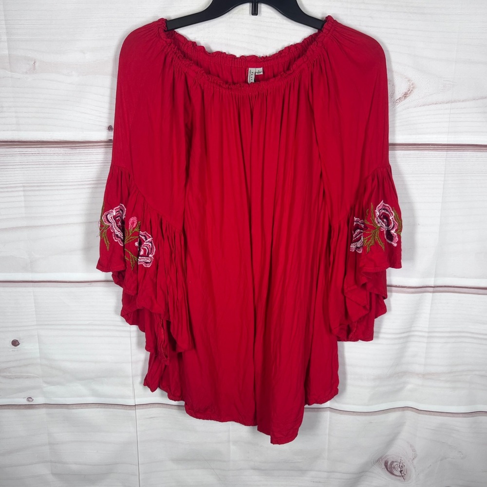 Feathers Off Shoulder Top Womens Small Red Solid Embroidered Bell Sleeve Blouse